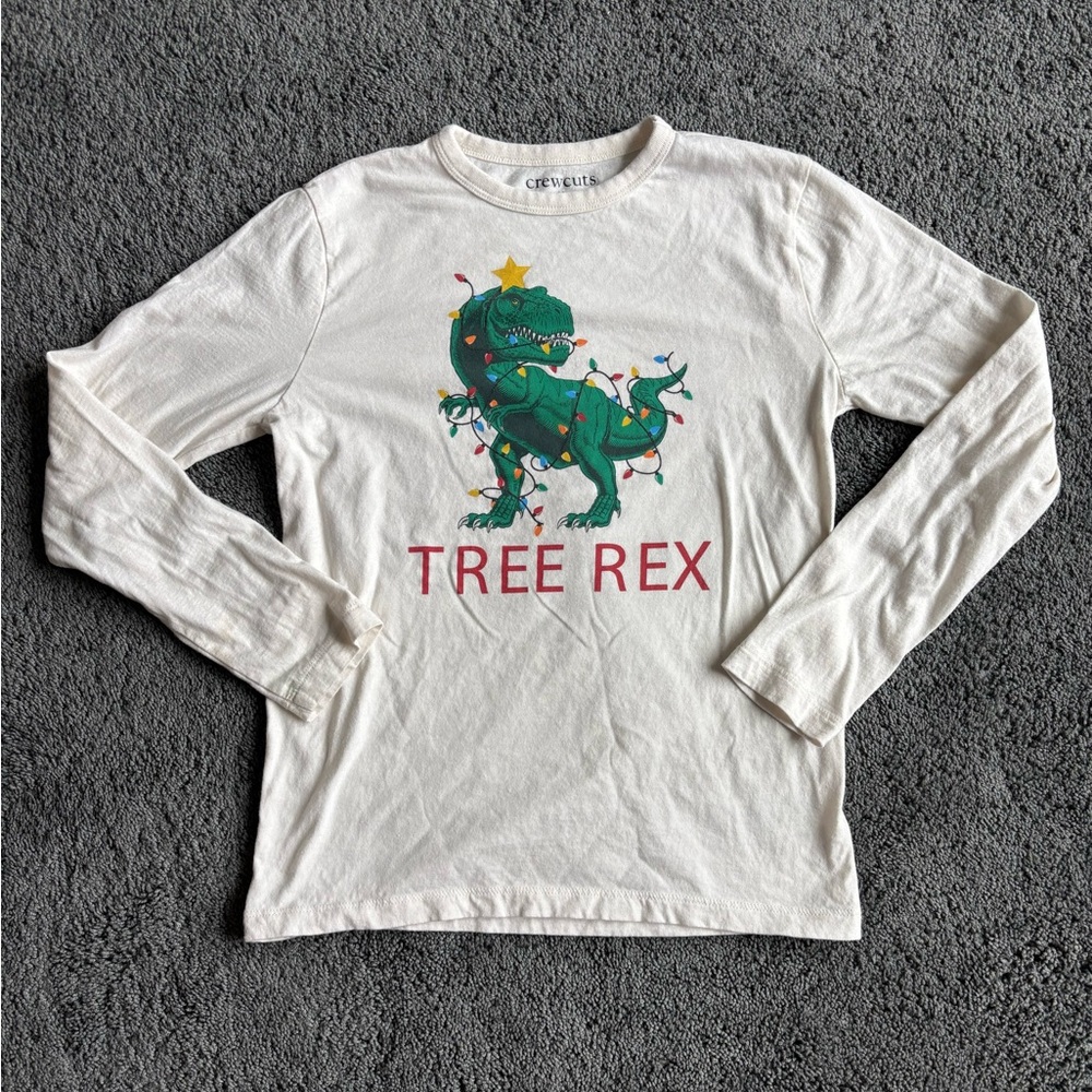 🎄Crewcuts Long Sleeve Tee (10-11 L) White and Green with Festive T-Rex🎄